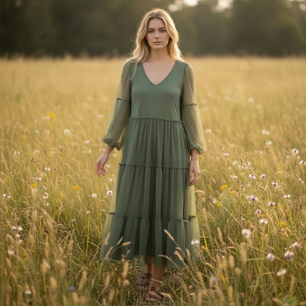 Baltic Born Sage Green Mesh‎ Tiered Midi Dress V-Neck Balloon Sleeve Romantic L